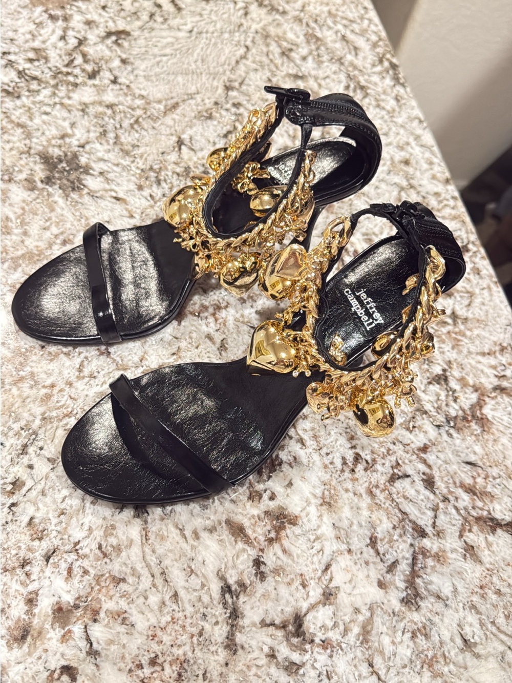 Jeffrey Campbell Black Sandals with Gold Charm Embellishments